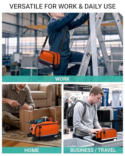 2 Pack Small Tool Bags Zipper Pouch for Organizing, with Adjustable Shoulder Strap & Carabiner, Utility Small Tool Pouch with Multi Pocket Compartments and Label Area (12" & 10") - color: Green/Orange