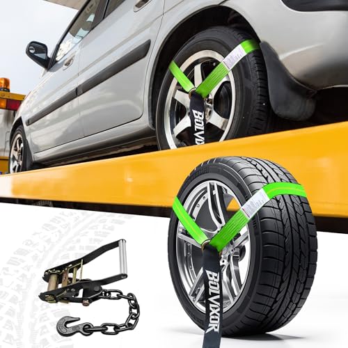 4 Pack Car Tie Down Straps for Trailers - 2" x 96" - 9900LBS Break Strength - Tire Ratchet Straps with Heavy Duty Chain Anchors for Hauling UTV, SUV, Truck, Any Cars - color: Green