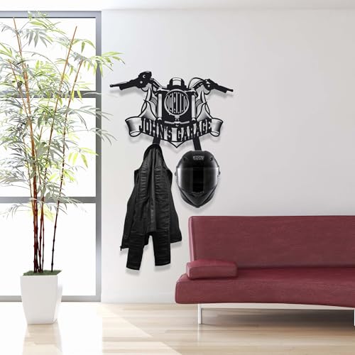 Personalized Metal Motorcycle Wall Hanger – Custom “Your Name Garage” Helmet and Jacket Rack – Handmade Black Steel Wall Art for Bikers and Motorcycle Lovers (89X60cm/35X23 Inches) - size: 89X60cm/35X23 Inches