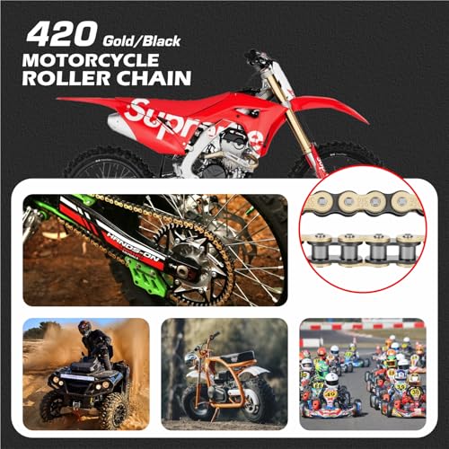 DYC 420 Chain 132 Links(Gold/Black) w/Master Link + Chain Breaker Tool & Chain Brush for Mini Bike, Pit Bike, Dirt Bike, ATV & Go Kart (Coleman, Baja, SSR, TaoTao, Coolster, Apollo, Kazuma) - size: 420-132L (Gold/Black)