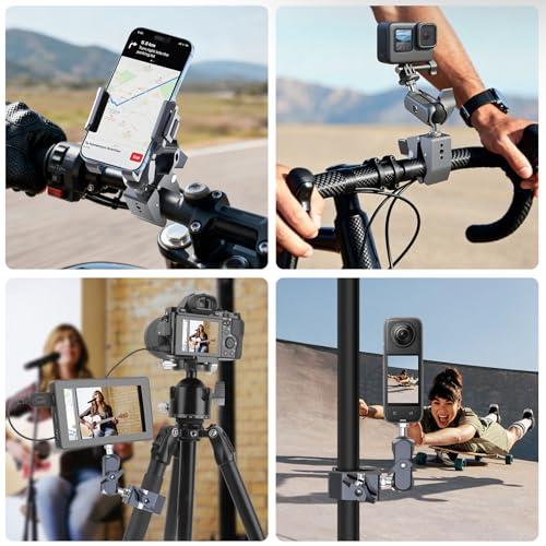 Super Clamp Camera Mount, Aluminum Double Ball Head Magic Arm for Insta360 X5 GoPro DJI OSMO 360 DSLR Monitor, 360° Handlebar Pole Desk Mount, 13lb Load QX010