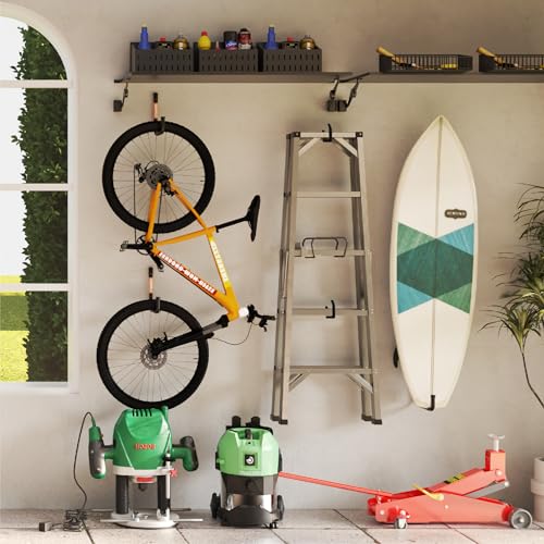 HUHOLE 4 Pack 5.7 Inch Screw in Ladder Hooks for Garage Wall | Utility Hangers with 65 lb Capacity for Ladders, Chairs, Bikes, Hoses, Wheelbarrows and Wall Mount Storage - size: 5.7'' (Width:4.72'')