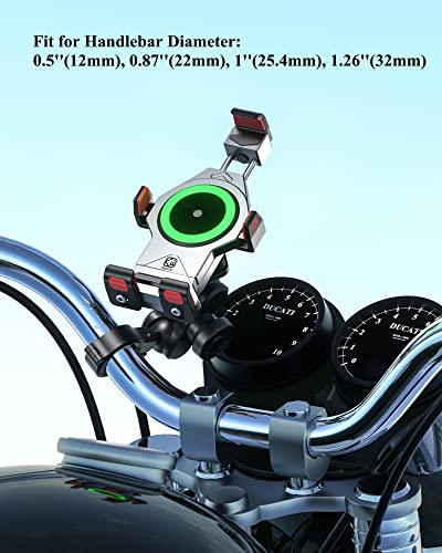 BRCOVAN Aluminum Alloy Motorcycle Phone Mount with Qi 15W Wireless Charger | with Vibration Dampener, Anti-Theft Waterproof Motorcycle Handlebar Cellphone Holder, Adjustable Fit 4.7''-7.2'' Smartphones - color: SILVER