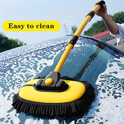 BMLEI Car Wash Brush with Long Handle, Chenille Microfiber Mop Mitt with 1 Replacement Head, Wheel Brush Extension Pole Cleaning Kit & Towels for Cars & Trucks - 5PCS - color: 5pcs Yellow Mop Washing Set