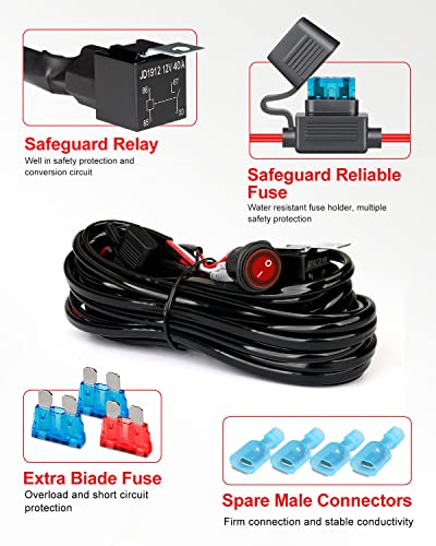NAOEVO 12FT LED Light Bar Wiring Harness Kit 16AWG 2 Leads 12V On Off Waterproof Switch Power Relay Blade Fuse for LED Work/Off Road Lights (12FT)