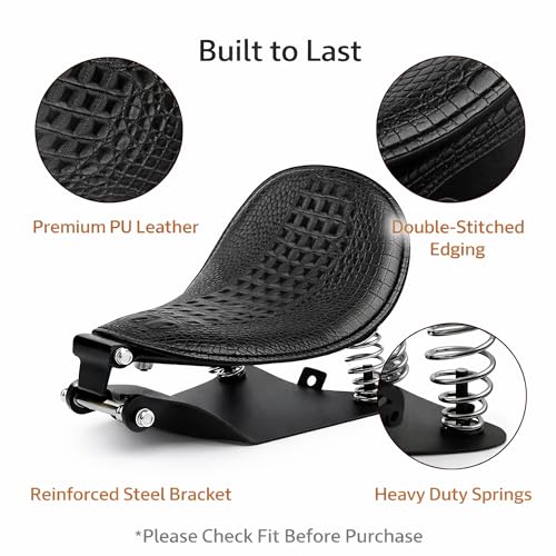 Crocodile Pattern Motorcycle Solo Seat with Springs, PU Leather Bobberx Custom Driver Seat Cushion for Harley Sportster XL883 XL1200 Bobber Chopper, Fits Honda Yamaha Kawasaki Suzuki (Black) - style: Black