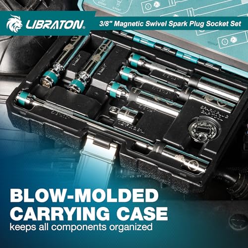 LIBRATON 8PCS 3/8"Dr. Magnetic Spark Plug Socket Set, Include Gapper & Extension Bar, Swivel Head Thin Wall (5/8" 9/16" 14mm 16mm), 6&12 Point for Truck Motorcycle Auto Repair, w/4",6",10", CR-V