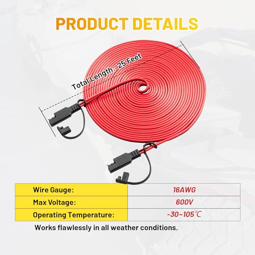 Oyviny 25FT Battery Charger SAE Extension Cable 16AWG, 2 Pin SAE Quick Connector for Solar Panel,Automotive,Charging, Trolling Motor with Reversing Adapter - style: 25FT