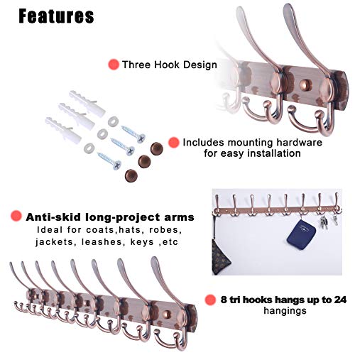 Dseap Coat Rack Wall Mount - 29.5” Long 8-Tri-Hooks Heavy Duty Coat Hanger Rail Wall Hooks for Hanging Coats Hats Clothing Clothes Purse Mudroom Entryway, Red Antique Copper - color: Antique Copper, size: L=29.5” (1 Pcs)