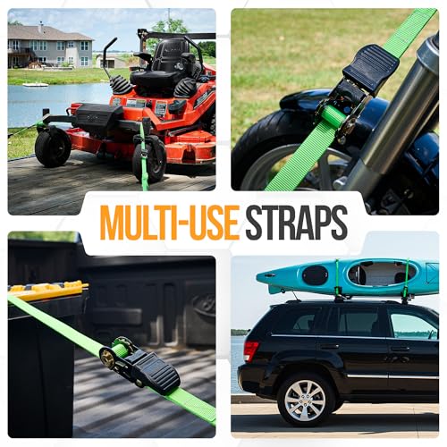 FORTEM Ratchet Straps, Tie Down Strap Set 1650lb Break Strength, 4 Pack 15ft x 1in, 4 Soft Loops, Moving Straps Tie Downs, Cargo Cam Buckles for Trucks, Carry Bag, for Men - color: Green