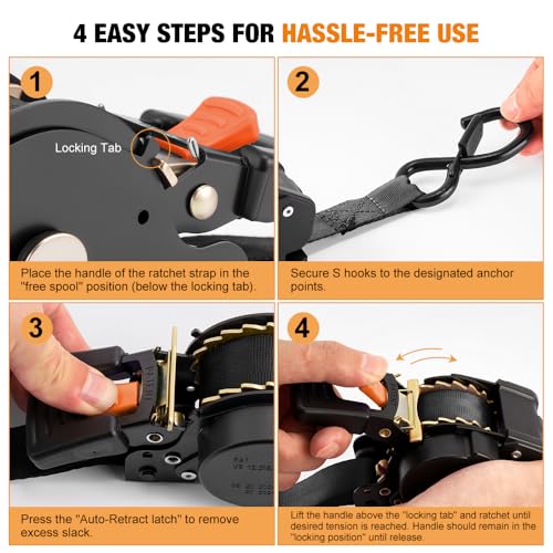 Retractable Ratchet Straps (4-Pack) - 1 Inch x 10 Feet (1,764lb Break Strength) - Heavy Duty Auto Self Retracting Tie Down Straps for Truck, Cargo Trailer, Motorcycle, ATV, UTV - Black - color: Black