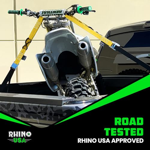 Rhino USA Motorcycle Tie Down Straps (2 Pack) Lab Inspected 2,200lb Break Strength, Steel Cambuckle Tiedown Set with Integrated Soft Loops - Better Than a Ratchet Strap (YLW 2-Pack) - color: Black