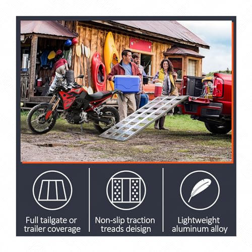 Aluminum Tri-Fold Ramp with Treads, 1600 lbs Capacity/535lbs per Section, ATV Ramp with Load Straps for Motorcycles, Truck Bed, ATVS, UTVS, Trailer, Tractor,Lawnmowers, Snow Blowers
