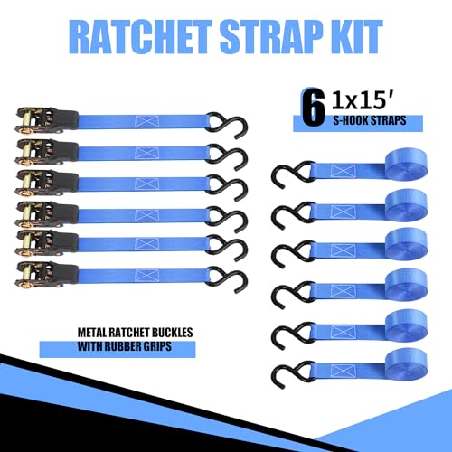Cartman 1" x 15' Ratchet Tie Down up to 1500lbs 6pk in Carry Bag, Cargo Straps - style: 6PK Blue