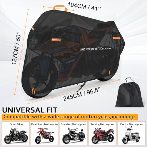 ROCKTAKIN 300D Heavy Duty Motorcycle Cover, Waterproof All Season Outdoor Protection with 4 Reflective Strips & Lock Holes, Fits Most Cruisers, Touring Bikes and Scooters up to 96.5" - size: 96.5"