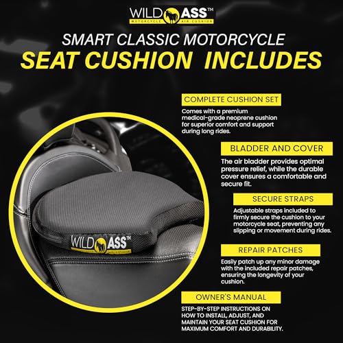 Wild Ass Smart Classic- Motorcycle Air Gel Seat Cushion, Ergonomic Air-Adjusting Pad with Straps, Universal Fit for Ultimate Comfort & Relief, Cool Flow Motorcycle Accessory for Long Rides – Black - style: Classic