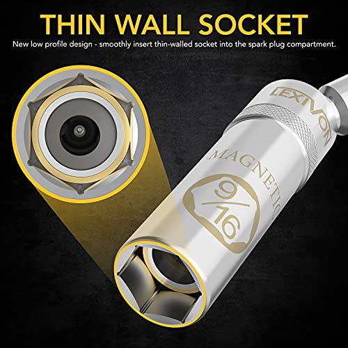 LEXIVON 9/16-Inch Spark Plug Swivel Socket, 3/8" Drive x 6" Total Length | Enhanced Magnetic Design with Thin Wall Socket, Cr-v Steel (LX-SSPS9166) - size: 9/16-Inch x 6-Inch