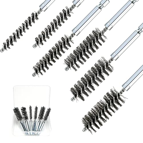 6 Pcs Stainless Steel Bore Brush Set with 1/4" Hex Shank Twisted Wire Bristles, Different Sizes (8, 10, 12, 15, 17, 19mm) for Rust and Tube Cleaning