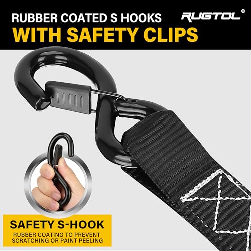 Rugtol Motorcycle Tie Down Straps, 1.5in x 10FT Cam Buckle Straps with S Hooks Integrated Soft Loops, 1560lb Break Strength Heavy Duty Dirt Bike Straps for Securing Motorbikes, Kayak, Cargo 2 Pack