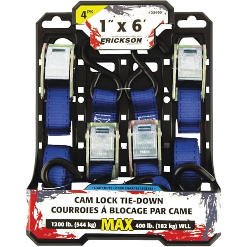 Erickson 35605 Light Duty Cam Lock Tie-Down Strap, 4 Pack (1" x 6', 1200 lb Load Capacity)