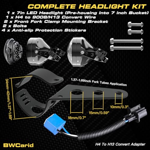 7" Inch LED Motorcycle Headlight with Housing Bucket Mounting Brackets Hi/Low Beam Headlamp for H-arley Yamaha Honda Cafe Racer Bobber Chopper Scrambler Streetbike w/34~42mm Fork Tube, White - size: 7in LED Motorcycle Headlight