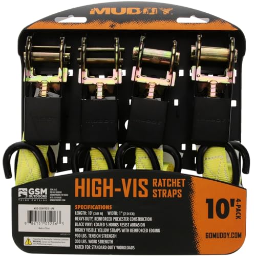 Muddy 1" X 10' Standard Duty Durable Weather-Resistant Versatile Reinforced Ratchet Straps with Vinyl-Coated S-Hooks | 300LB Working Strength/900LB Breaking Strength | 4 Pack, Highly Visible Yellow - color: Highly Visible Yellow