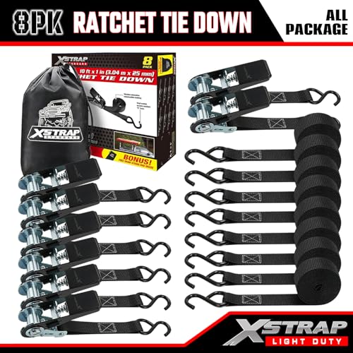 XSTRAP STANDARD 8-Pack Ratchet Tie Down Straps, 1" x 10ft, 900lb Break Strength Heavy Duty Straps for Motorcycles, ATVs, Lawn Equipment, Appliances & Truck Cargo - Black - color: Black
