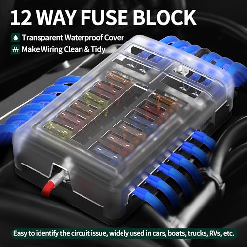 DaierTek 12 Way Fuse Block, 12 Volt Blade Fuse Block with LED Indicator 12 Circuit Fuse Box 12V ATO/ATC Marine Fuse Panel 24V with Waterproof Cover Fuse Terminals for Automotive Boat Car RV - size: 12 Way