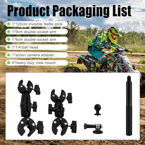 Motorcycle Double Clamp Mount Kit with 47" Invisible Selfie Stick compatible for Insta 360 X5-X Heavy-Duty Camera Bike Handbar Holder compatible for DJI Osmo Nano 360 Riding Record ATV UTV Boat