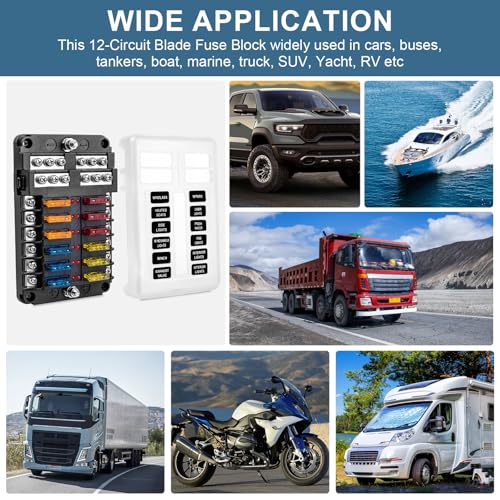 BetyBedy 12 Way Fuse Block, 12V Marine Fuse Box with LED Indicator, Automotive 12-Circuit Blade Fuse Block with Waterproof Cover for RV Motorcycle Boat Vehicle, 24PCS Fuses & Tip Stickers Included - style: 12-Way