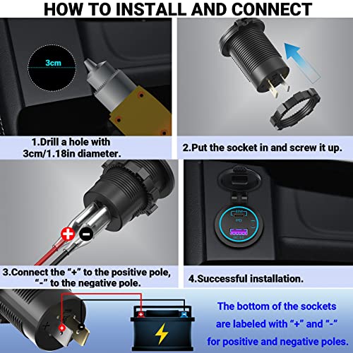 83W 12V USB Outlet Laptop Charger: 2 Pack 65W USB-C PD3.0 and 18W QC3.0 Multi Car Port 12V Socket Waterproof with Power Switch for Car Boat Marine Bus Truck Golf Cart RV Moto, etc. - color: 65W
