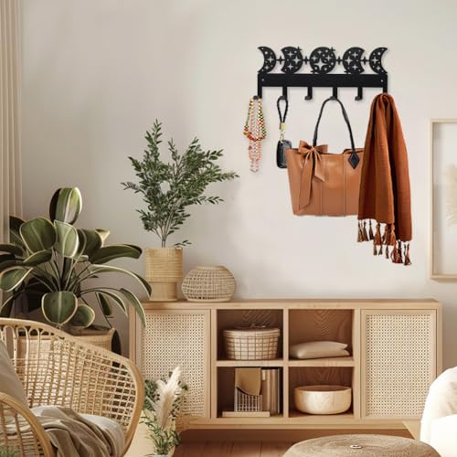MAYJOYDIY Moon Phase Star Metal Key Hook Starlight Full Moon Coat Rack Wall Mounted 15.7×6.2inch Art Wall Decor Key Holder Organizer Rack with 6 Hooks for Gift Coats Hats Towels Bags Hanging - style: Moon Phase