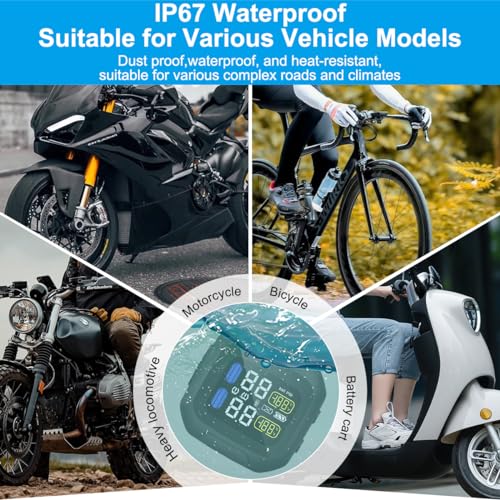 OBEST Upgrade Motorcycle TPMS Tire Pressure Monitor System with 2 External Sensors, USB Rechargeable IP67 Waterproof Motorcycle TPMS, LCD Display Motorbike Tyre Temperature Alarm