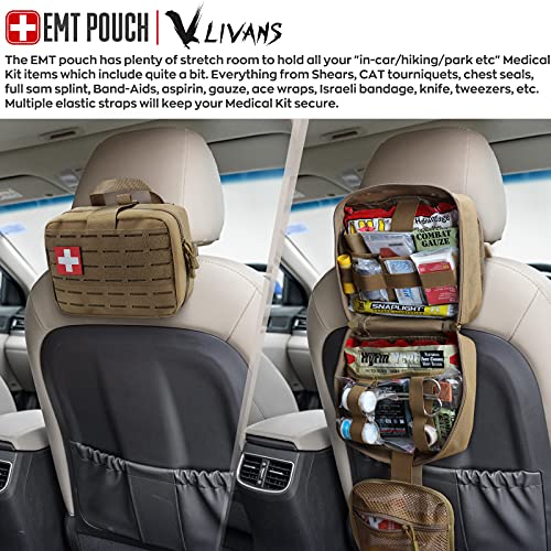 LIVANS Tactical Molle Medical Pouch - Upgraded Size, Large Capacity IFAK Pouch with Detachable Quick Release and Headrest Mount, Includes Flag and Cross Patch - color: Khaki