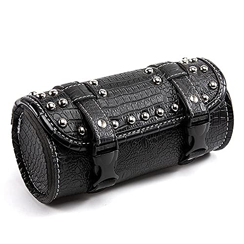 Universal Motorcycle Handlebar Tool Bag - Black PU Crocodile Leather Side Bag With Rivets for Sissy Bar or Rear Carrier - color: Black 4