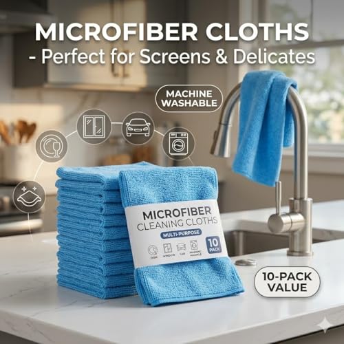Multi-Purpose Microfiber Cleaning Cloths, Blue, 10 Pack, 9.8" x 9.8" | Highly Absorbent, Kitchen Dish Towels, Lint-Free, Reusable, For House, Car, Window - color: Blue