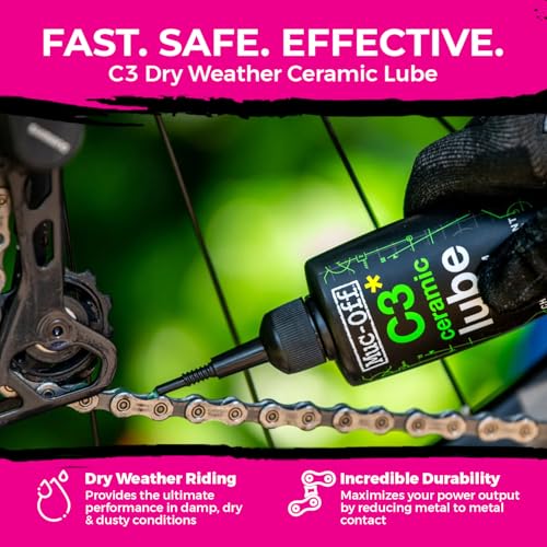 Muc-Off C3 Ceramic Dry Chain Lube 120ml + 3X Premium Bike Brush Set | Premium Bike Chain Lubricant with UV Tracer Dye | Ideal for Dry and Dusty Conditions - size: 120ml + 3 Brush Set