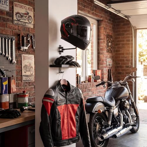 Shimeyao 2 Pack Helmet Holder Wall Mount with Shelf, 180° Rotation Helmet Storage Rack with Hooks for Motorcycle Bike Racing Outerwear Sports Gear Display Motorcycle Accessories