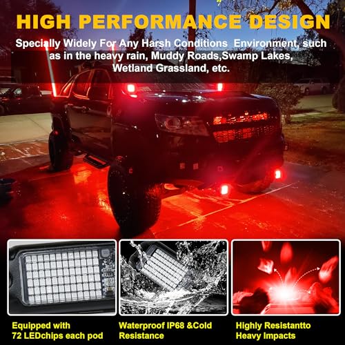 Nicoko 4Pods Pure Red LED Rock Lights 72 pcs LEDs high Power Rock Lights Neon Underglow Light for Car Trucks ATV UTV SUV Boat Underbody Glow Trail Rig Lights IP68 Waterproof - size: Pure red rock lights - 4 pack