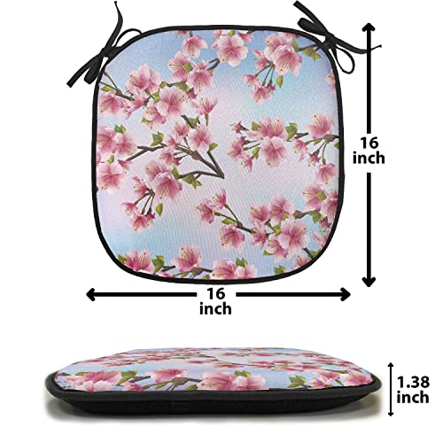 Lunarable Japanese Chair Cushion Pad, Fresh Sakura Petals on a Vivid Sunny Weather Day with Pink Blossoms Spring Theme, Seat Padding for Kitchen & Patio with Anti-Slip Backing, 16"x16", Pink Blue - color: Pink Blue, size: Pack of 1