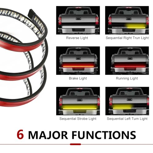 59" LED Tailgate Light Bar, IP65 Waterproof Flexible PVC Design Lights Strip, Multi-function Triple-row Brake Running Turn Signal Strip, for Most Pickup Truck SUV Van Trailer (Multicolored)