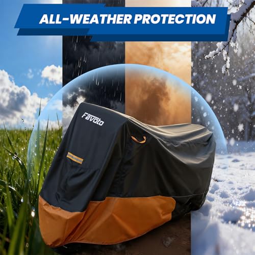 Favoto Motorcycle Cover for Harley Davidson Heavy Duty 420D Oxford | Touring Motorcycle Cover Waterproof Outdoor for Street Glide, Road Glide, Road King, Low Rider ST, Fat Boy Fits up to 108" - size: 108" - Side Box