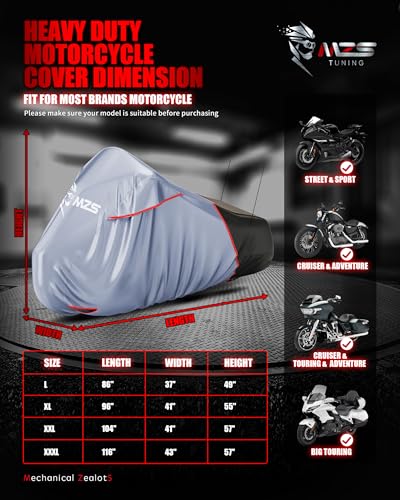 MZS Motorcycle Cover Waterproof Outdoor, Heavy Duty All Season Weather Sun Protection with Storage Bag Vents Night Reflective Cotton Lining Lock Holes fits up to 104" Motorcycles Vehicle Covers - size: XX-Large 104 inches