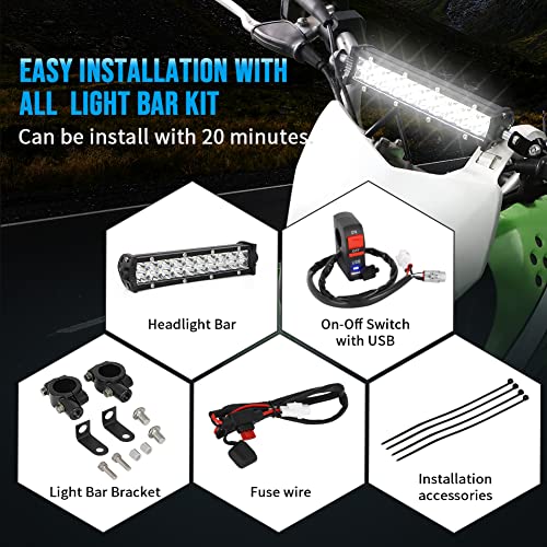 Light Bar Kit, Motorcycle Front Light Bar with USB Socket Charger Switch Bright for Honda CRF110 KLX110 TTR110 YZ250F Dirt Bike Plug and Play - size: light Bar Kit with USB Switch