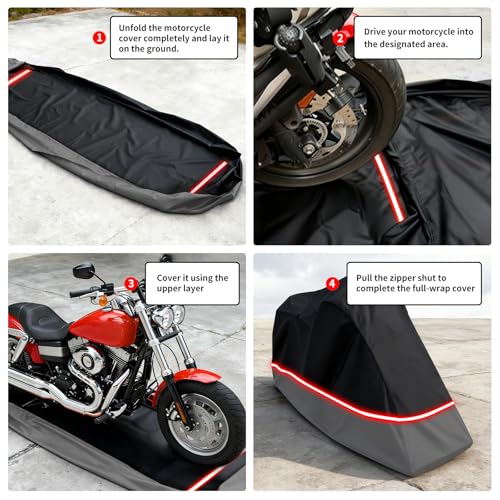 Full Enclosed Motorcycle Cover - Waterproof for Outdoor & Indoor Storage, Heavy 600D Duty with Reflective Strips, Fits Scooters & Touring Motorcycles up to Length86.6" x 45" x 53"Black&Gray - size: 86.6"L-45"W-53"H