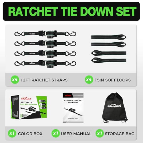 Retractable Ratchet Straps (4 Pack) -(1,500lb Break Strength) -1 Inch x 12 Feet Heavy Duty Auto Self Retracting Tie Down Straps (Black-Green) - color: Black-Green Retractable