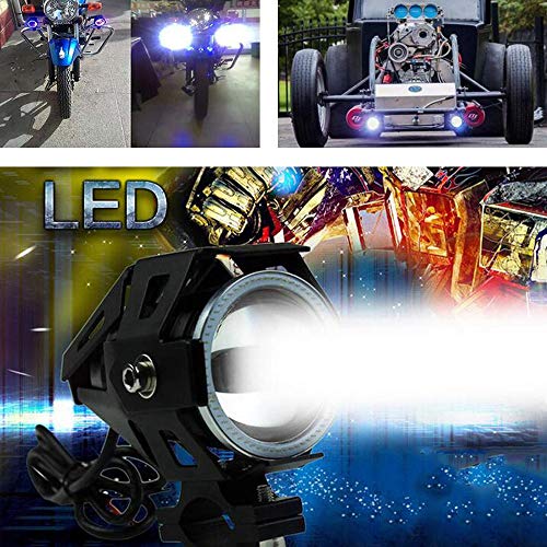 2pcs Bright 3000LM 125W LED Motorcycle Headlight With Demon Angel Blue Eyes auxiliary Work Light Spotlight Driving Fog Spot Lamp Universal for Car Offroad ATV Truck + 2pcs Switch