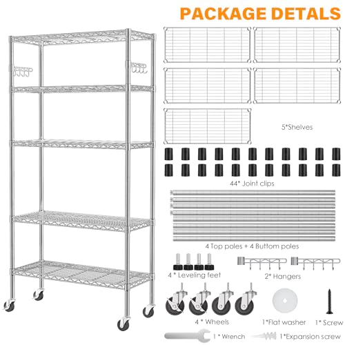 YNN Storage Shelves,1750Lbs 5 Tier Heavy Duty Metal Rolling Shelving Unit with Wheels & 8 Hooks, Adjustable Garage Wire Rack for Kitchen, Bathroom,Industrial,Pantry(36" W x 14" D x 72" H, Chrome) - size: 36"x14"x72" 5-Tier