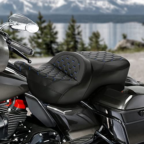 C.C. RIDER Motorcycle 2 Up Rider Driver&Passenger Seat Fit for Harley Touring CVO Road Glide Electra Glide Street Glide Road King 2009-2023 - color: Seat 16#Blue Stitching