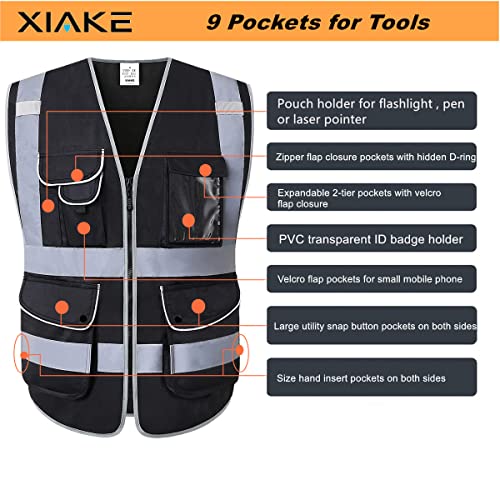 XIAKE 9 Pockets Class 2 High Visibility Reflective Safety Vest for Men Women,Meets ANSI/ISEA Standard - color: Black, size: Small